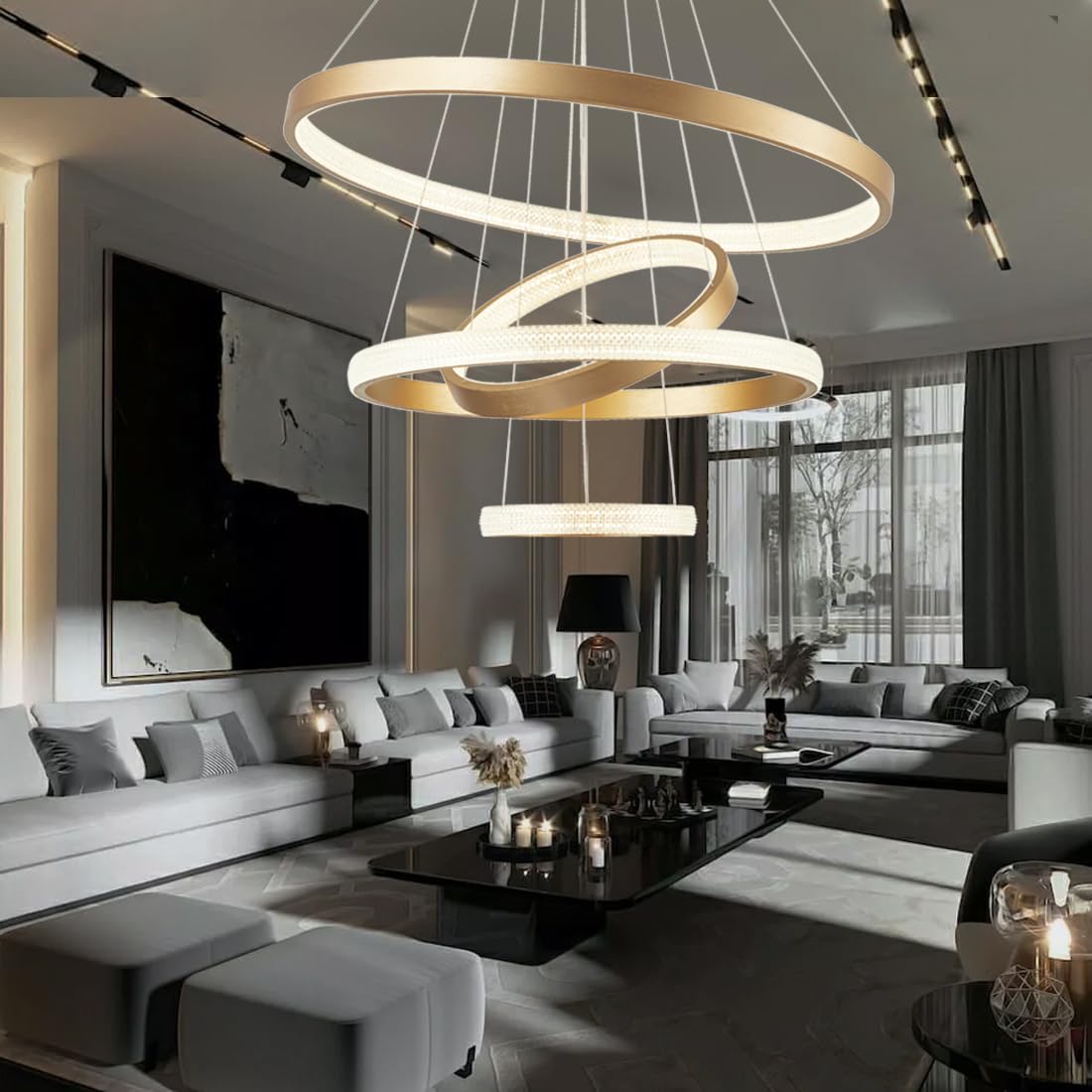 Gold Crystal Chandelier 4 Ring Modern Led Crystal Chandelier Light Fixture Ceiling Hanging stylish Large 31.5 Inch Dimmable Modern Ceiling Light Fixtures Led Pendant Lighting With Remote Control