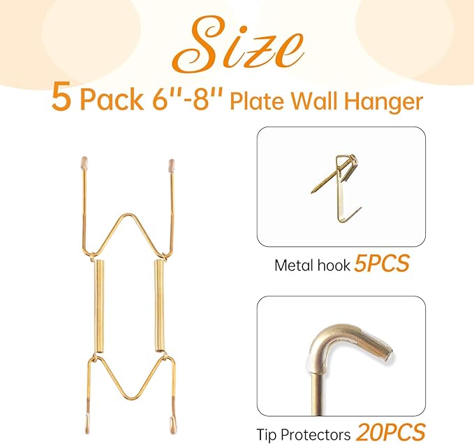 Bilillo 5 Pack Plate Hangers for The Wall, Stainless Steel Spring Wire Holders with Hooks, Fits 6''–8'' Decorative Plates, Invisible Heavy Duty Plate Wall Hangers for Display