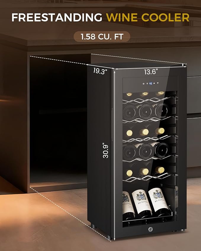 18 Bottle Compressor Wine Cooler Refrigerator - 1.58 Cu.Ft Freestanding Wine Cellar for Red, White, Champagne, Small Wine Fridge with Glass Door & Adjustable Temperature for Home Bar, Office