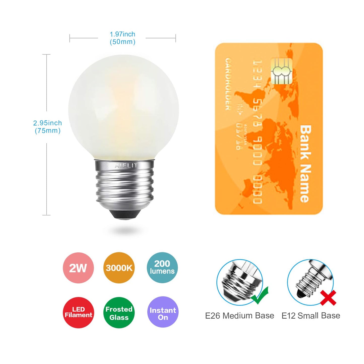 Aielit Dimmable 2 Watt Globe Frosted Led Light Bulbs 25W Equivalent  Soft White 3000K  A15/A50 Led Bulb  E26 Medium Base  Antique Filament Edison Decorative Bulb For Chandelier  Ceiling Fan  6-Pack