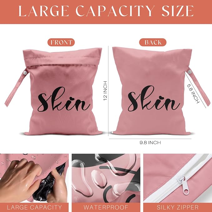 4 Pack Cute Wet Bag Waterproof Reusable Wet Dry Bag for Swimsuit Clothes Cloth Diaper Travel Pool Toiletries for Women Mom Birthday Christmas (Pink Green Yellow Face Stuff Skin Hair Organizer Gift)