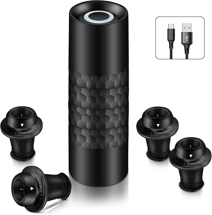 Automatic Wine Saver Pump Set for Red Wine with 4 Reusable Vacuum Bottle Sealer Stoppers USB Type-C Charging - Black