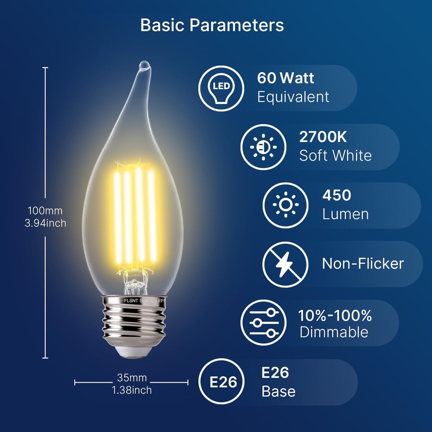 FLSNT LED Chandelier Bulbs, Dimmable CA11 Filament, E26 Base, 2700K Soft White, 6 Pack, Glass