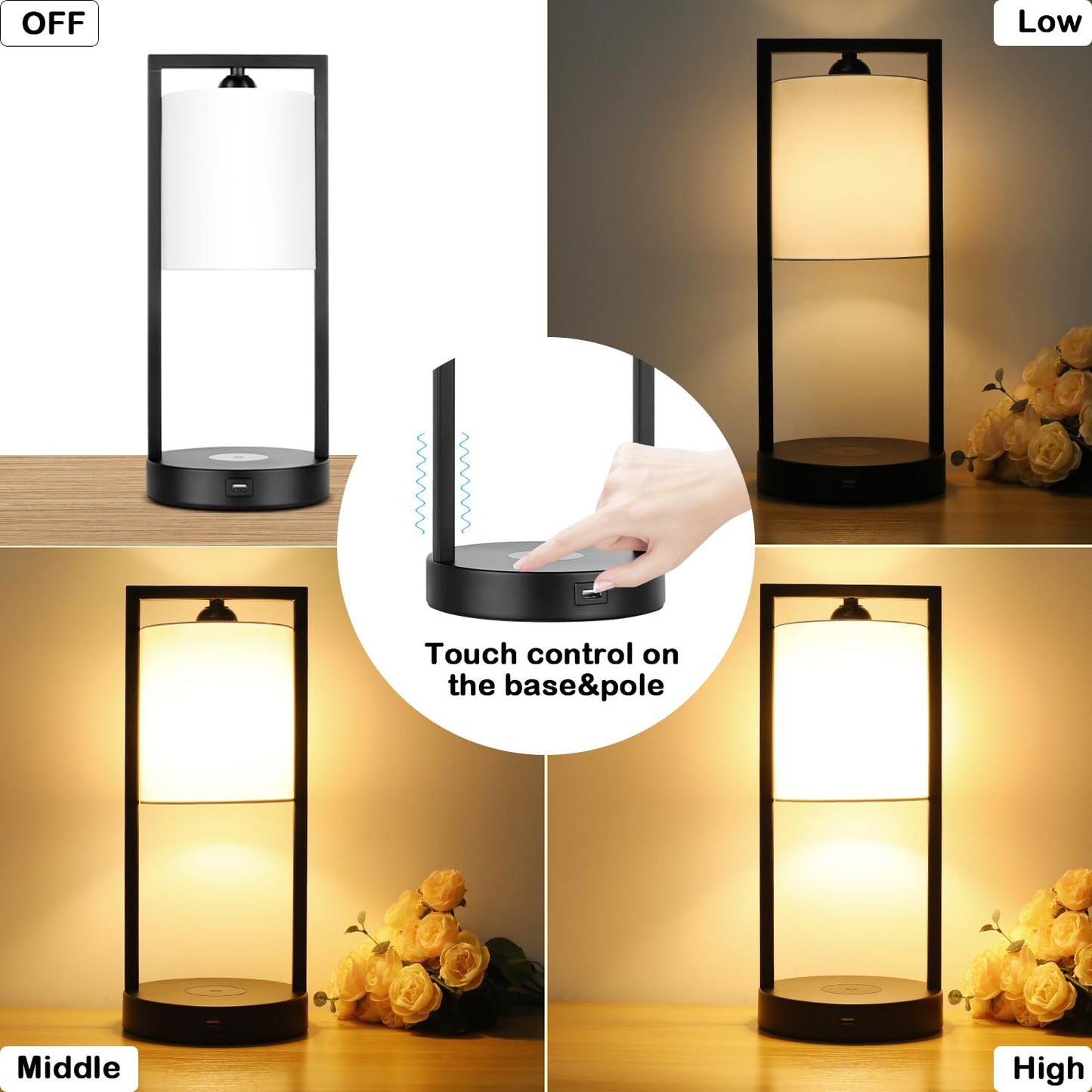TOBUSA Wireless Charging Table Lamps Set of 2, Modern Dimmable Design, Warm White Fabric Shade, Metal, Model HRP-TS12008W-27A
