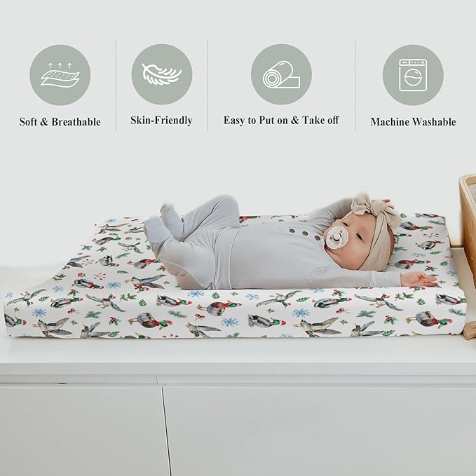 Christmas Mallard Ducks Changing Pad Covers for Baby Girl Boy Wild Ducks Cherry Fir Leaves Fitted Change Table Cover Mats Winter Hunting Duck Soft Diaper Changing Table Sheets 32''×16''