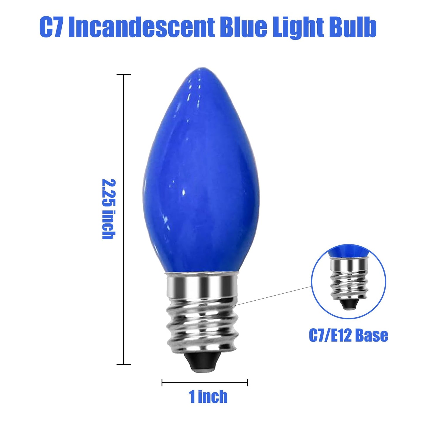 SUNSGNE C7 Blue Incandescent Light Bulbs, 5 Watt E12 Candelabra Base, Pack of 25