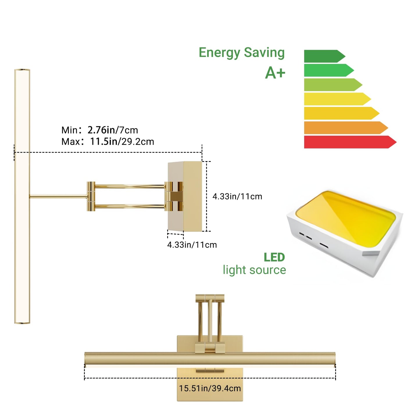 Tipace Hardwired Picture Light - 15.7in Dimmable Gold LED Wall Art Lighting, Model 9892, Aluminum & Acrylic