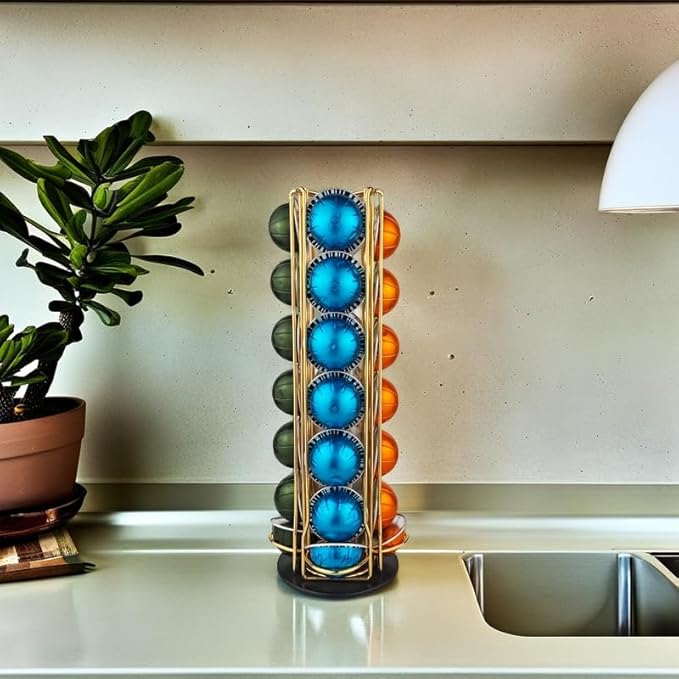 Vertuo Pod Holder Carousel Stand for 28 Nespresso Vertuo Capsule Storage Organizer with Extra Space for Coffee Mate Silent Rolling，Gold