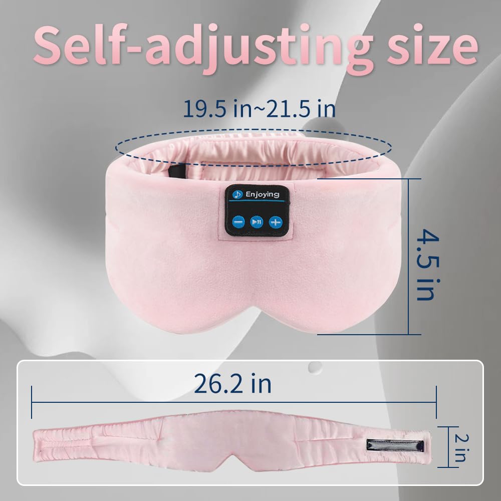 Soft Sleep Eye Mask Bluetooth Headband Wireless Headphones, SYPVRY Adjustable Sleep Mask for Sleeping Meditation Insomnia Night Mask Music Eye Cover for Side Sleepers Airplane Travel, Pink