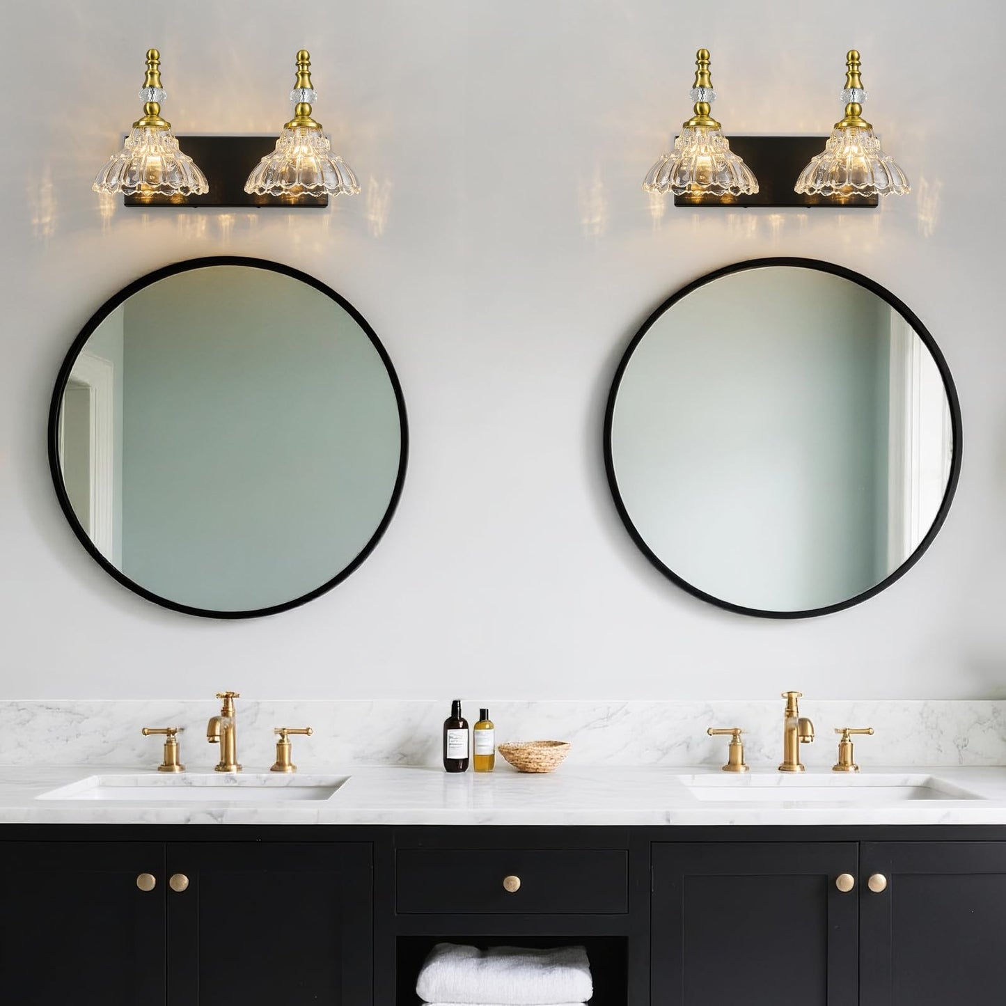 Lbsqj Vintage Bathroom Vanity Light  2-Light Black Gold Vanity Lighting Fixture With Flower Glass Shade  Bathroom Lighting Fixtures Over Mirror