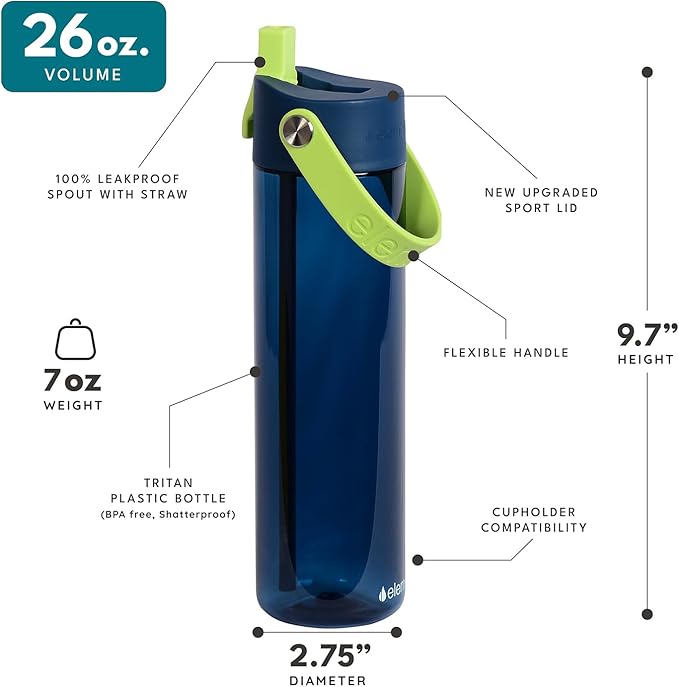 Elemental Splash Water Bottle with Straw - BPA-Free Tritan Plastic Reusable Water Bottle with Strap - Ideal for Travel, Gym and Sports - Leak Proof when Spout is Closed - 26oz - Deep Sea