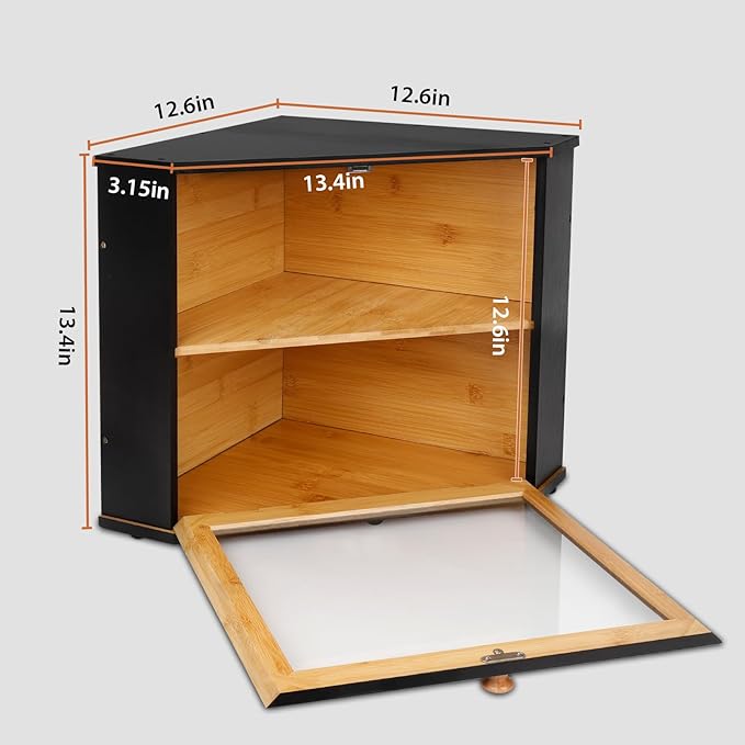 Bamboo Corner Bread Box for Kitchen Countertop, Black Bread Storage Box, Double-Layer Round Wooden Breadbox with Acrylic Transparent Window installed under cabinets, Store Various Foods and Items