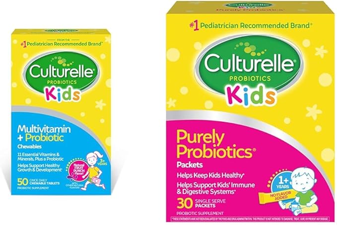 Culturelle Kids Complete Chewable Multivitamin + Probiotic, 50 Count & Daily Probiotic 30 Packets - Pediatrician Recommended Probiotics for Kids Digestive & Immune Health