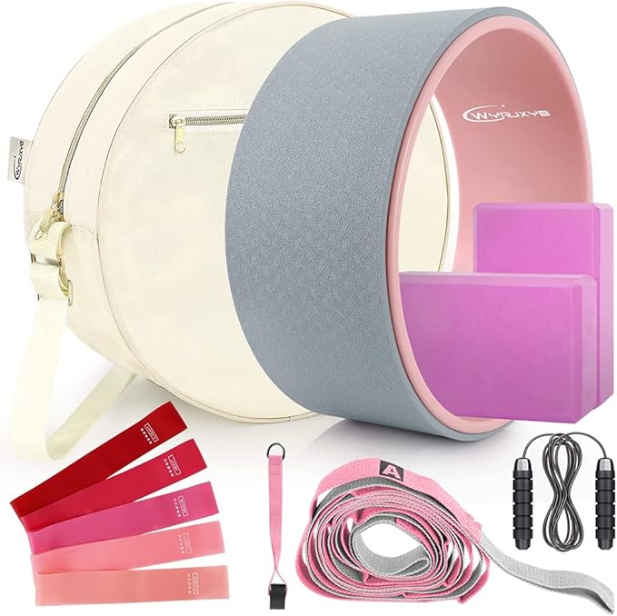 Yoga Wheel Set 11-in-1,Back Roller & 2 Blocks with Strap,Resistance Bands,Jump Rope,Carrying Bag,Perfect Yoga Back Wheel A...