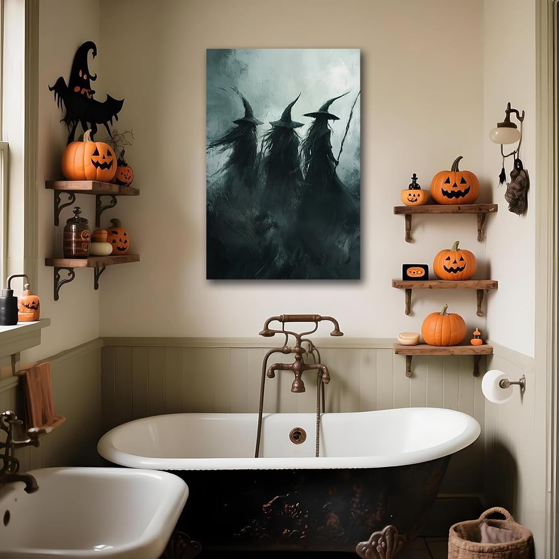 Gothic Witchs Horror Halloween Wall Art,Three Witches in Moody Forest Painting Wall Decor,Autumn Spooky Witches Forest Canvas Printing For Gallery Living Room Bedroom,20"x30" Unframed