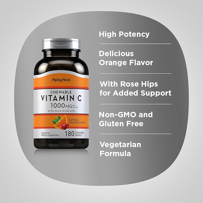 Piping Rock Vitamin C Chewable 1000mg | 180 Tablets | Orange Flavor | Vegetarian, Non-GMO, Gluten Free Supplement