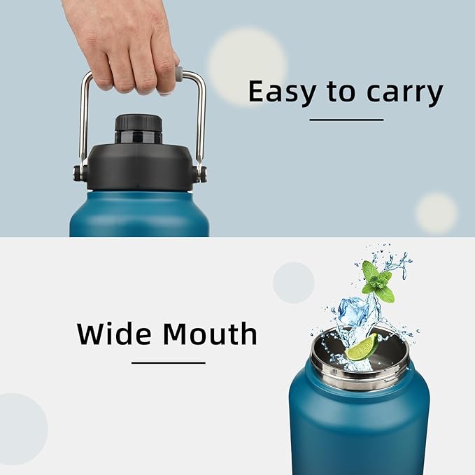 1 Gallon Jug with Handle,128 oz Insulated Water Bottle with Carrying Pouch, Double Wall Vacuum Stainless Steel Metal Bottle,Indigo Black