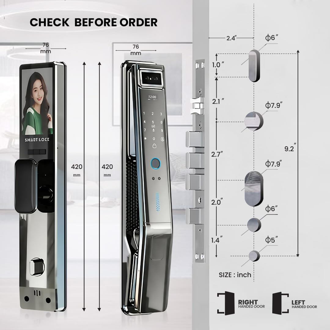 Smart Door Lock with 3D Face Recognition & Camera – 7-in-1 Keyless Entry via Palm Vein, Fingerprint, Passcode, Card, WiFi App (JLink), Key, Video Intercom & Doorbell, Alexa - Easy Install