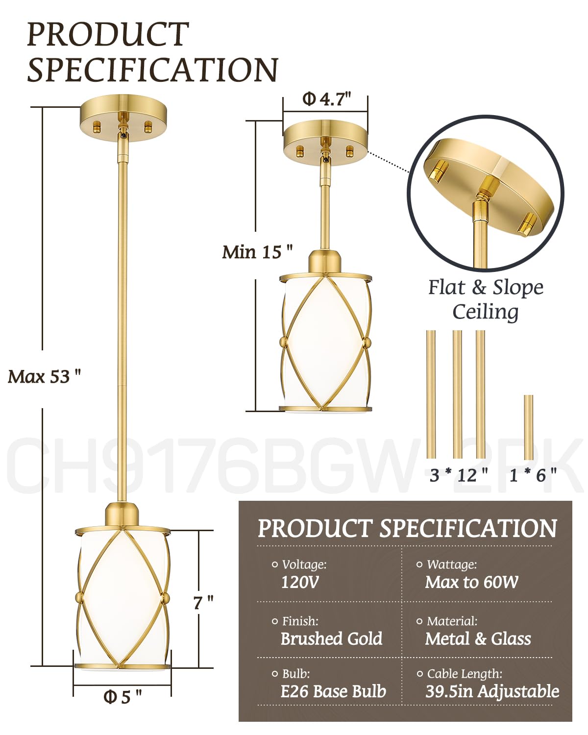 Osimir Pendant Lights, Modern 2-Pack, Brushed Gold with Frosted Glass, 1-Light, CH9176, Farmhouse Style for Kitchen Island or Dining Room