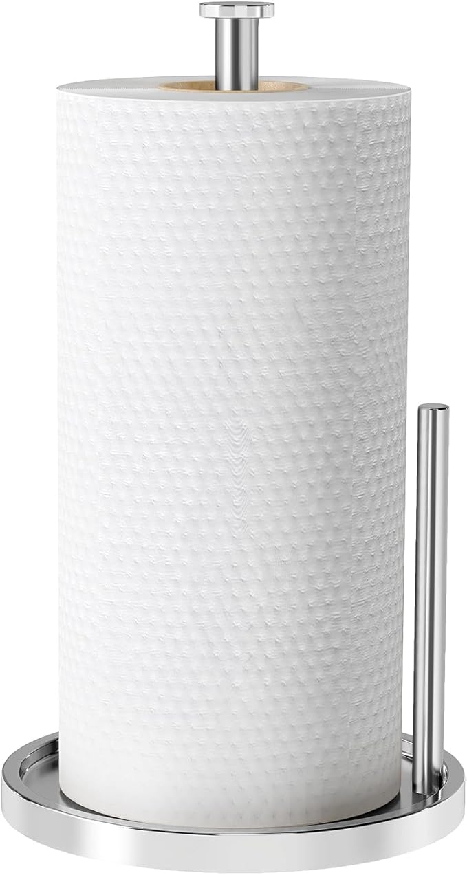 Paper Towel Holder Countertop, Standing Paper Roll Holder with Anti Slip Weighted Base, Stainless Steel Freestanding Paper Towel Holder for Kitchen, Chrome