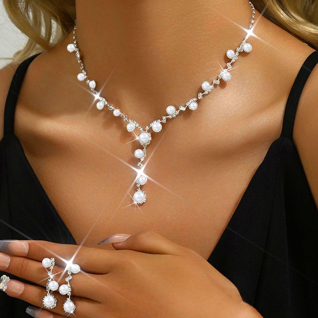 Unicra Silver Pearl Bridal Wedding Jewelry Set Rhinestone Necklace Earrings Bracelet Sets Formal Costume Jewelry for Women and B