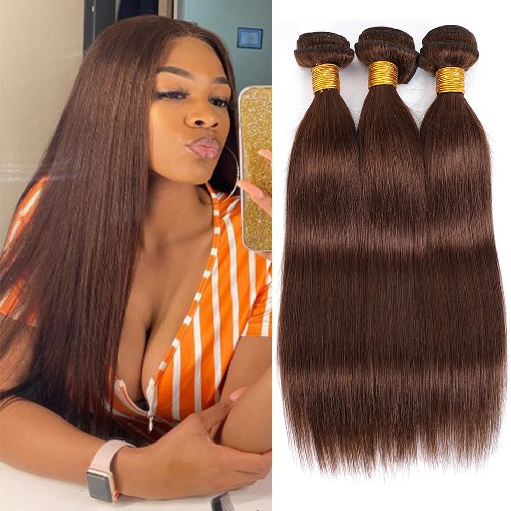 Peenoll 16 18 20 Inch Straight Wave Human Hair Bundles Honey Brown Color 4 Weave Bundles Human Hair 12A Unprocessed Brazilian Vi