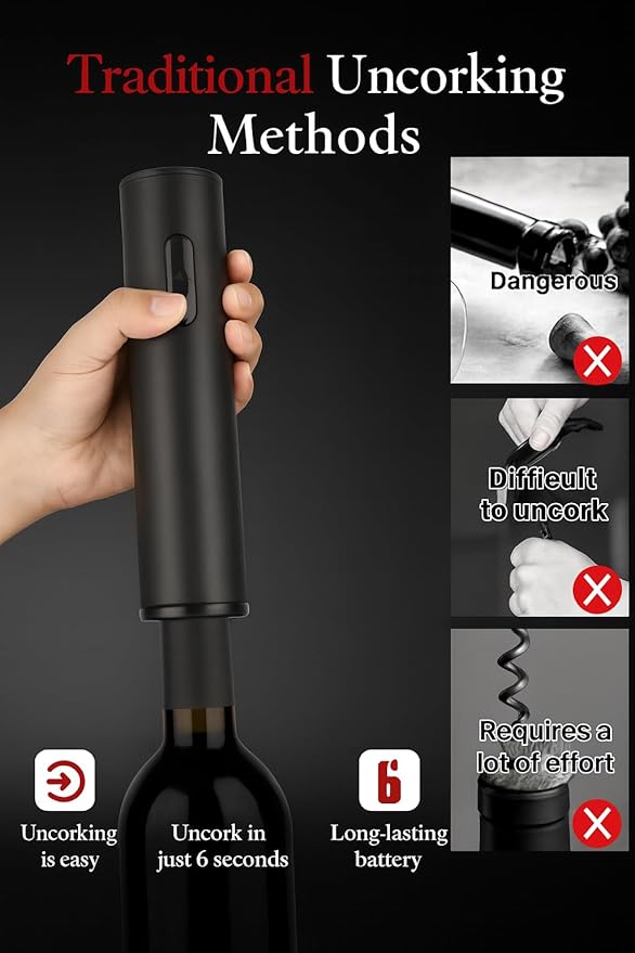 5 in 1 AA Battery Operated Electric Wine Opener Set – Automatic Wine Bottle Opener with Storage Base, Vacuum Stopper, Foil Cutter & Aerator Pourer and Easy Cork Removal