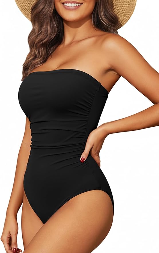 Holipick Women Tummy Control One Piece Swimsuits Strapless Bandeau Bathing Suits Slimming Halter Swimwear