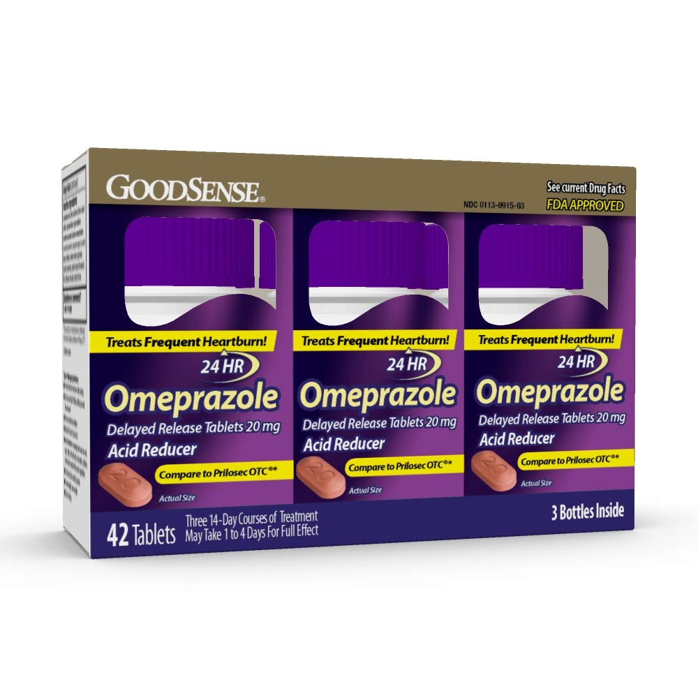 GoodSense Omeprazole Tablets 20 mg 14 Count (3 Pack) and Gaviscon Extra Strength Cherry Chewable Tablets Heartburn Relief 100 Count