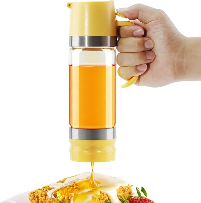 Aelga Glass Honey Dispenser Pot, No Drip 12 OZ Honey Jar with Handle, Syrup Dispenser for Coffee or Tea, Yellow