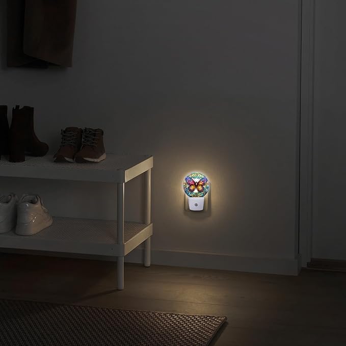 Round LED Night Lights Lamp with Dusk to Dawn Sensor, Stained Glass Art of Colorful Butterfly Mandala Night Light Plug Into Wall for Kids Room, Bedroom, Bathroom, Kitchen, Hallway