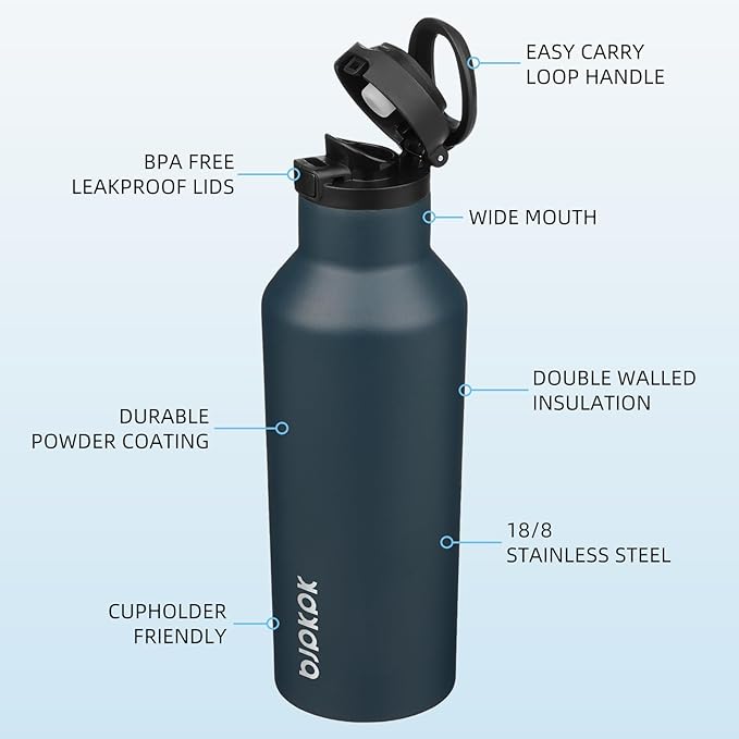 BJPKPK Insulated Water Bottle With Straw 17oz Stainless Steel Water Bottles With 2 Lids And Carry Handle Reusable Travel Metal Thermal Flask,Navy Blue