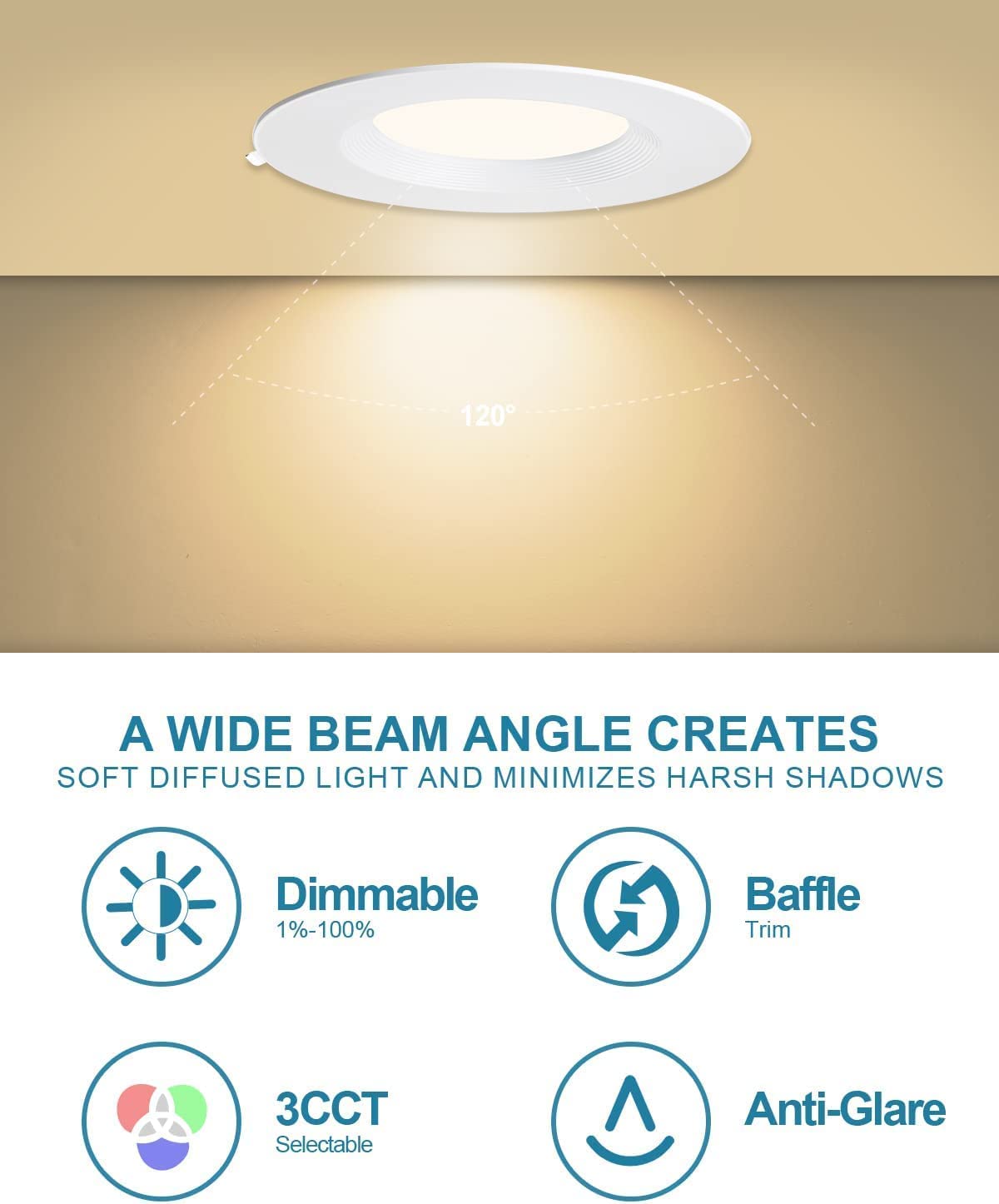 Lightdot 12W Dimmable LED Downlight 3CCT Selectable, 6 Inch, White, Model LRC-07, Fixed 6 Pack