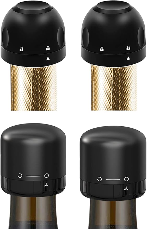 Champagne Stopper & Wine stoppers, 4 Pack Reusable Wine Corks Plastic & Silicone,Twist Top Wine Sealer, Compact Wine Stopper Leak Proof and Keeps Wine Fresh For Easy Storage, Black