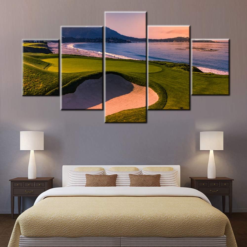 Native American Decor California Beach Golf Course Pictures 5 Panel Canvas Wall Art Green Landscape Paintings Contemporary Artwork Framed Ready to Hang in Living Room Posters and Prints(60''Wx32''H)