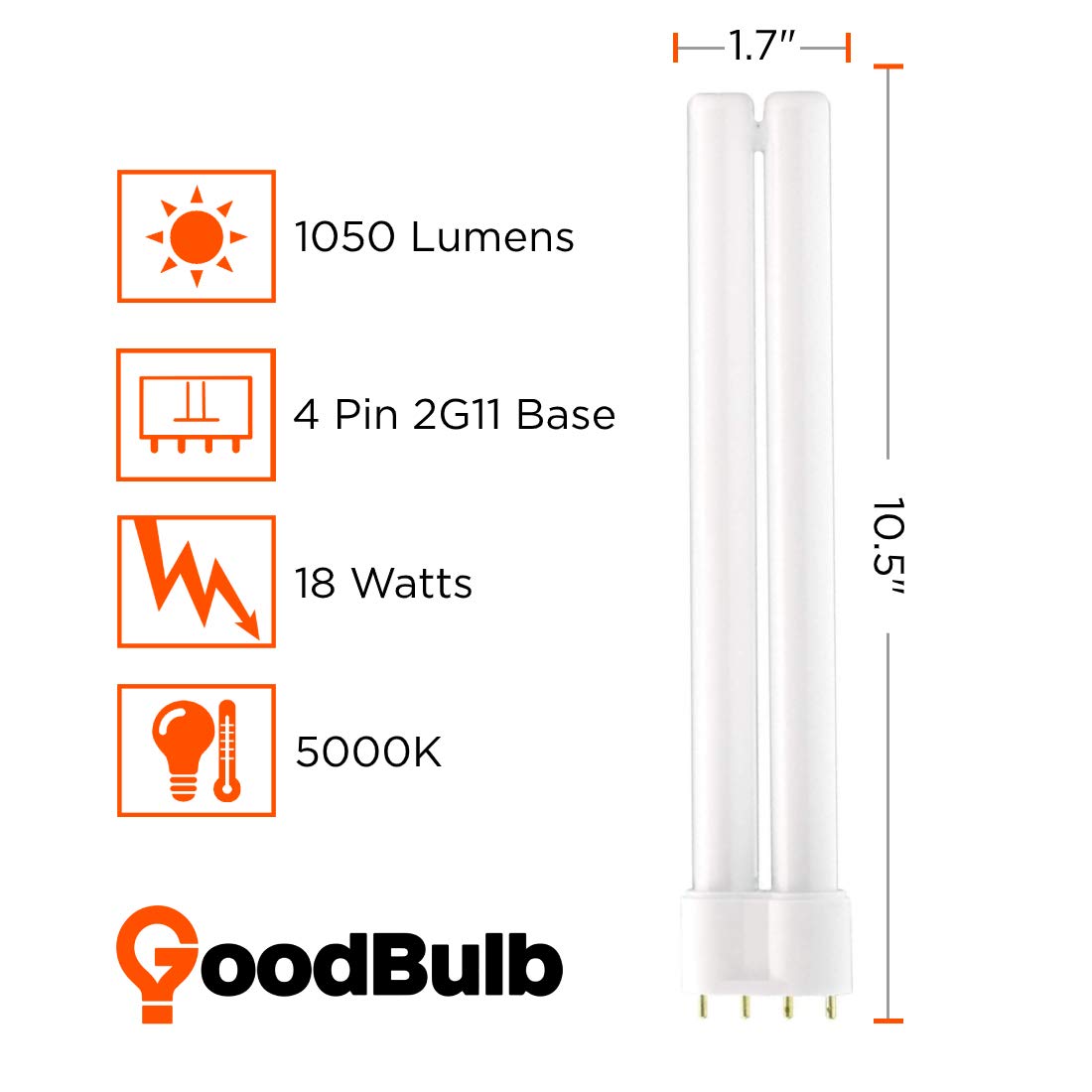Goodbulb Pll18/850 18W 10.5 Twin Tube Compact Fluorescent Light Bulb 4-Pin 2G11 Base 5000K Daylight 1050 Lumen Car Dealership Lighting Pack Of 10