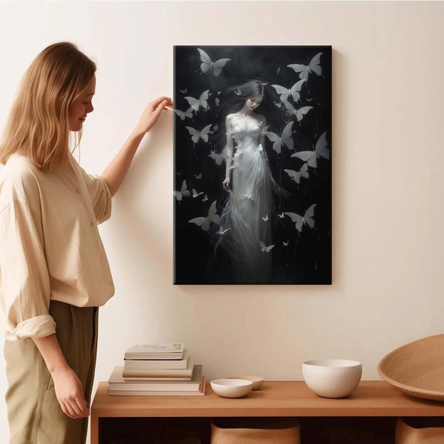 Vintage Gothic Feminine Canvas Wall Art Print Butterfly Poster Moody Female Wall Art Retro Artwork Dark College Decor for Home Bedroom16x24in Wood Framed