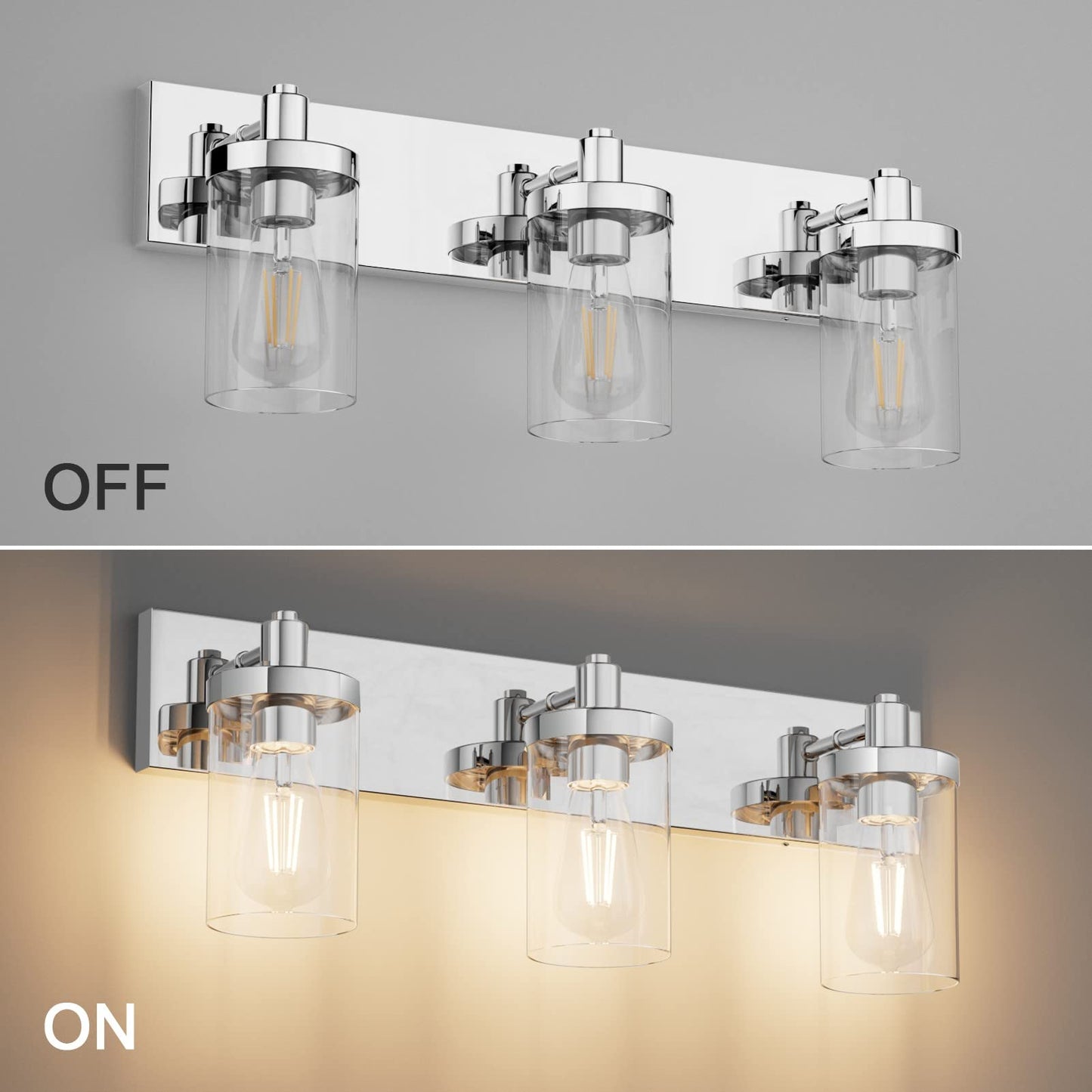 Aipsun Chrome 3-Light Vanity Light Fixture For Bathroom, Farmhouse Style With Clear Glass Shade, Model 1136