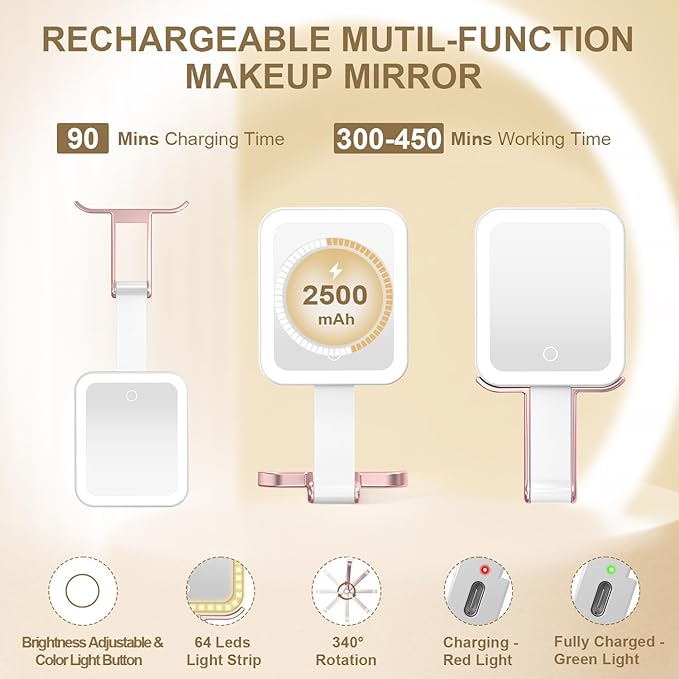 Mocado Travel Makeup Mirror with Lights,10X/1X Magnifying Mirror with Light, Double Sided Travel Mirror with 3 Color Light,Dimmable Touch,Lighted Makeup Mirror for Tabletop,Handheld,Hanging(Rose Pink)
