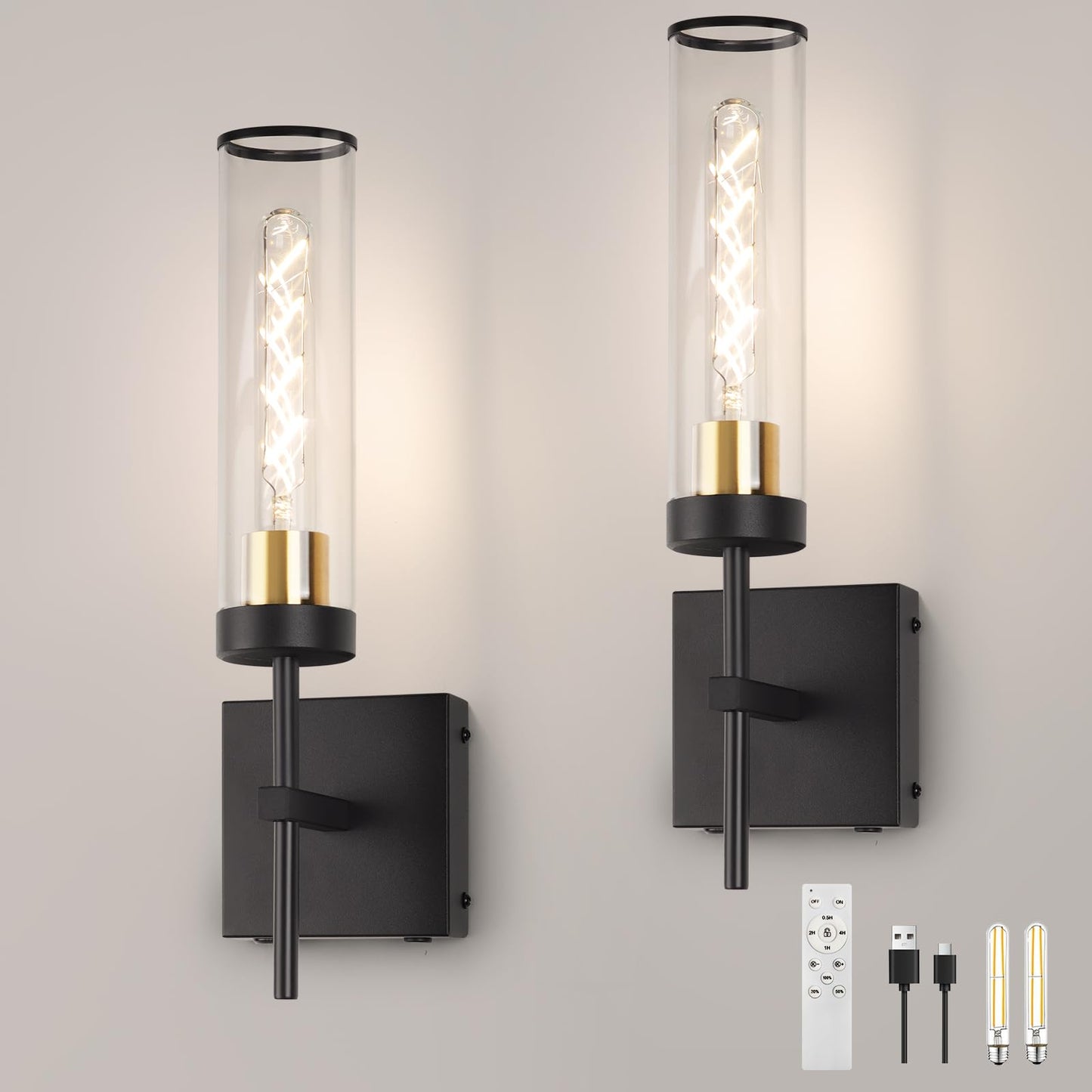 Loiogohot Wall Sconce, Battery Operated, 10400mAh, Dimmable, Black and Gold, Model WL-BN2426-BKGD-ME, Warm Light