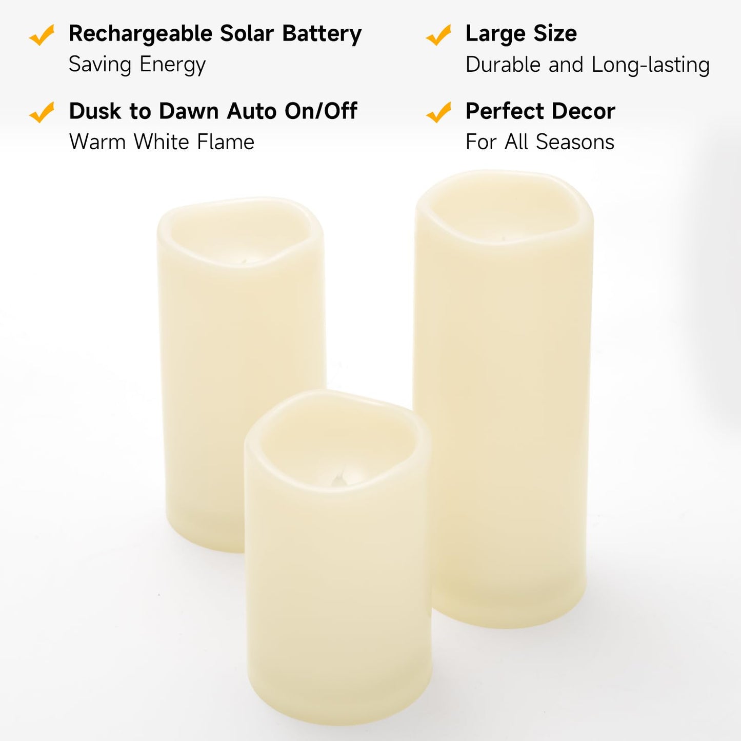 NURADA Large Outdoor Solar Candles Waterproof - 6" 8" 10" x 4" Rechargeable Solar Powered Flameless LED Pillar Flickering Candle for Patio Porch Lanterns Decor - Ivory White Set of 3