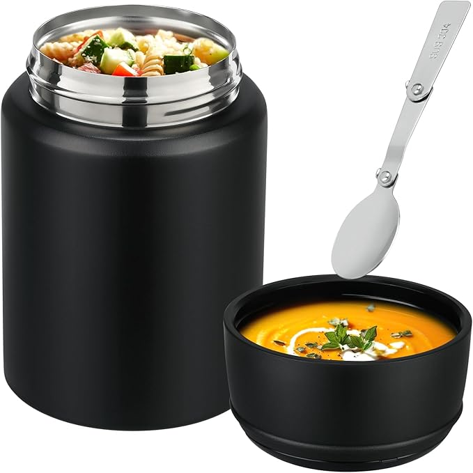 17oz Soup Thermo for Hot Food Kids Insulated Food Jar,Thermo Hot Food Lunch Container, Width Mouth Stainless Steel Lunch Box for Kids with Handle Folding Spoon(Black-Pure)