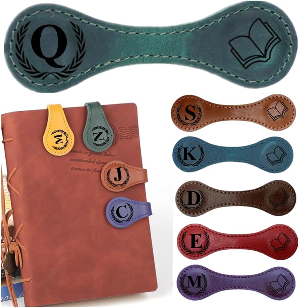 Personlized Magnetic Leather Bookmarks with Initials, Customized Book Marks Clip 26 Letters Bookmark for Reading Women, Men, Kids,Cute Book Markers Meaningful Gift for Book Lovers (Green, Q)