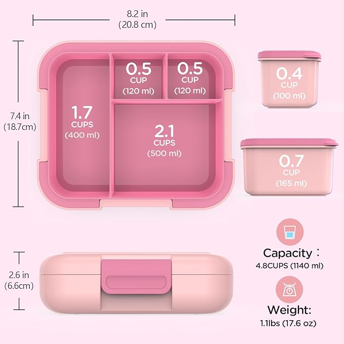 Caperci Bento Box for Kids - Leak-Proof Lunch Box Snack Container with 2 Modular Containers & 4 Compartments, Hold 4.8 Cups, Portable Handle, BPA-Free, Microwave/Dishwasher Safe (Mermaid)