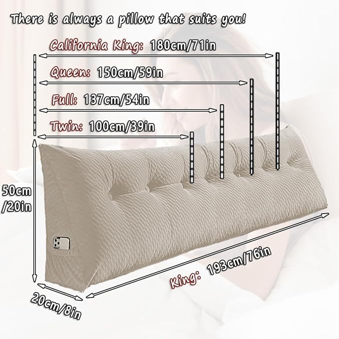 Gradient Velvet Triangular Wedge Pillow, Removable Cover Headboard Pillow for Daybed, Backrest Positioning Support Pillow Cushion Resting Reading Relaxing (Beige, Queen(59 * 20 * 8in))