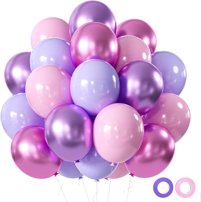 Pink and Purple Party Balloons, 50Pcs 12 Inch Purple Pink Balloons, Metallic Pink Purple Latex Balloons Birthday Party Bal...