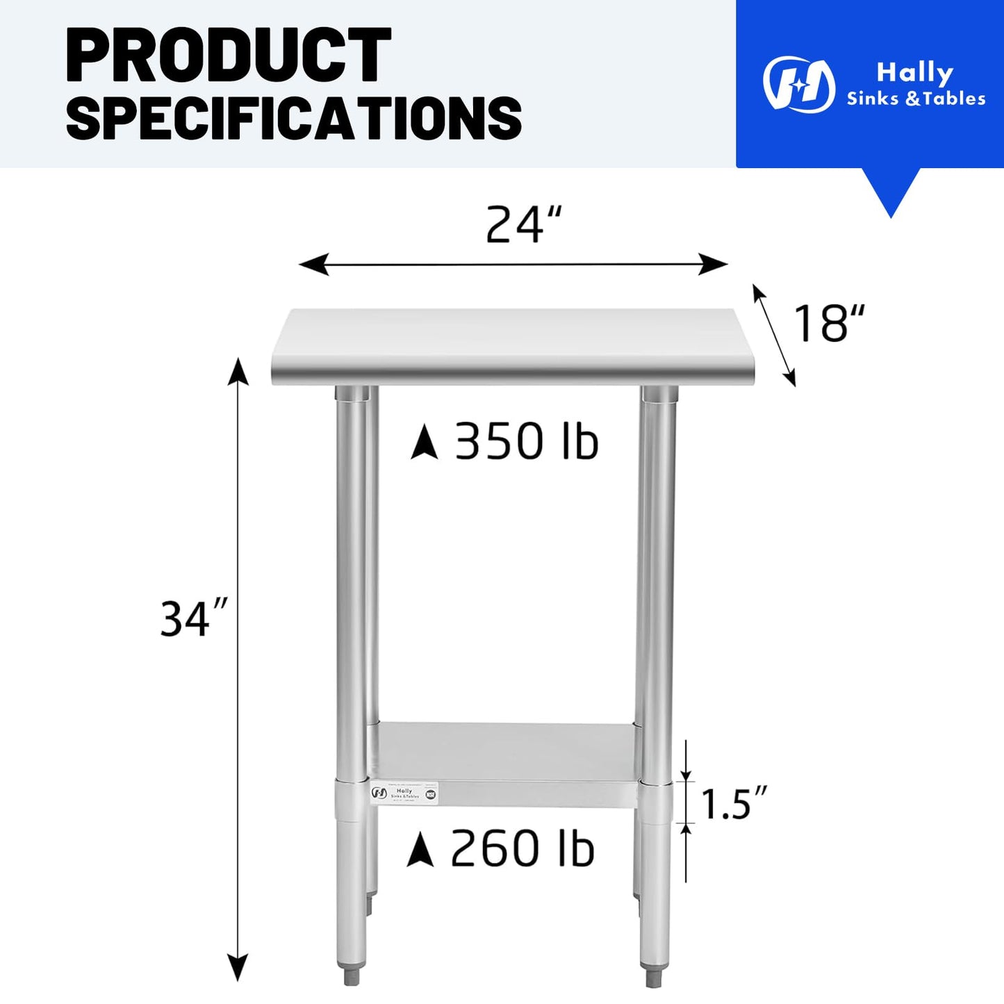 Hally Stainless Steel Table for Prep & Work 18 x 24 Inches, NSF Commercial Heavy Duty Table with Undershelf and Galvanized Legs for Restaurant, Home and Hotel