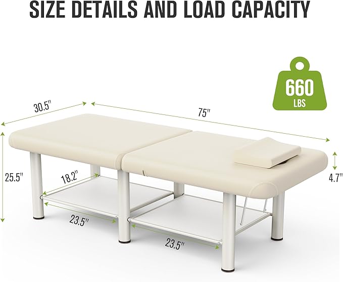 Folding Stationary Massage Table with Backrest and Storage Space, 6 Round Legs Metal Frame PU Leather, 30.5'' Wide × 75'' Long for Treatment Table Physical Therapy Table Spa Facial Bed, Beige Gray