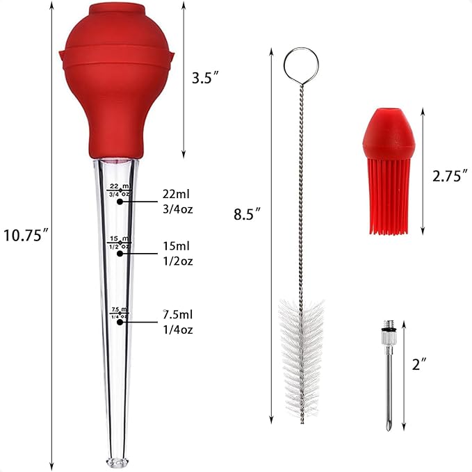 Turkey Baster Syringe Large, Long Meat Basters for Cooking & Basting, Plastic Turkey Baster with Marinade Injector Needle, Silicone Bulb & Basting Brush and Cleaning Brush, Red 3/4 oz