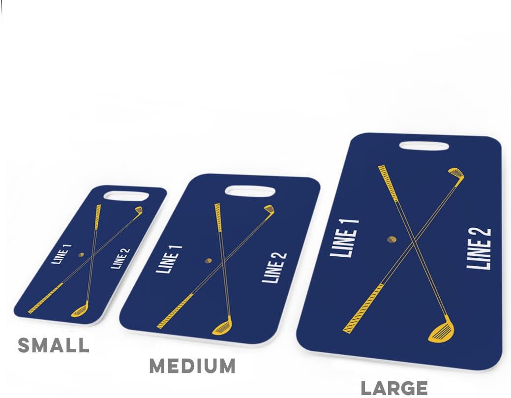 ChalkTalkSPORTS Golf Luggage & Bag Tag | Personalized Crossed Golf Clubs | Standard Lines on Back | Large | Navy/Gold